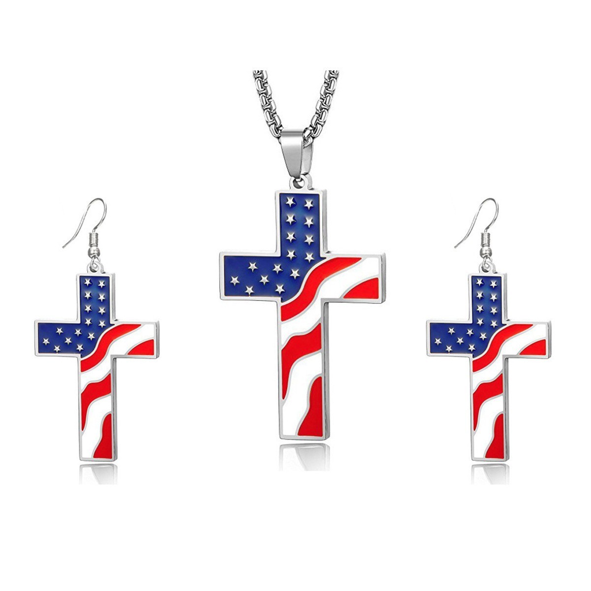 American Flag Cross Necklace Earrings Set Patriotic Christian USA Gift Jewelry