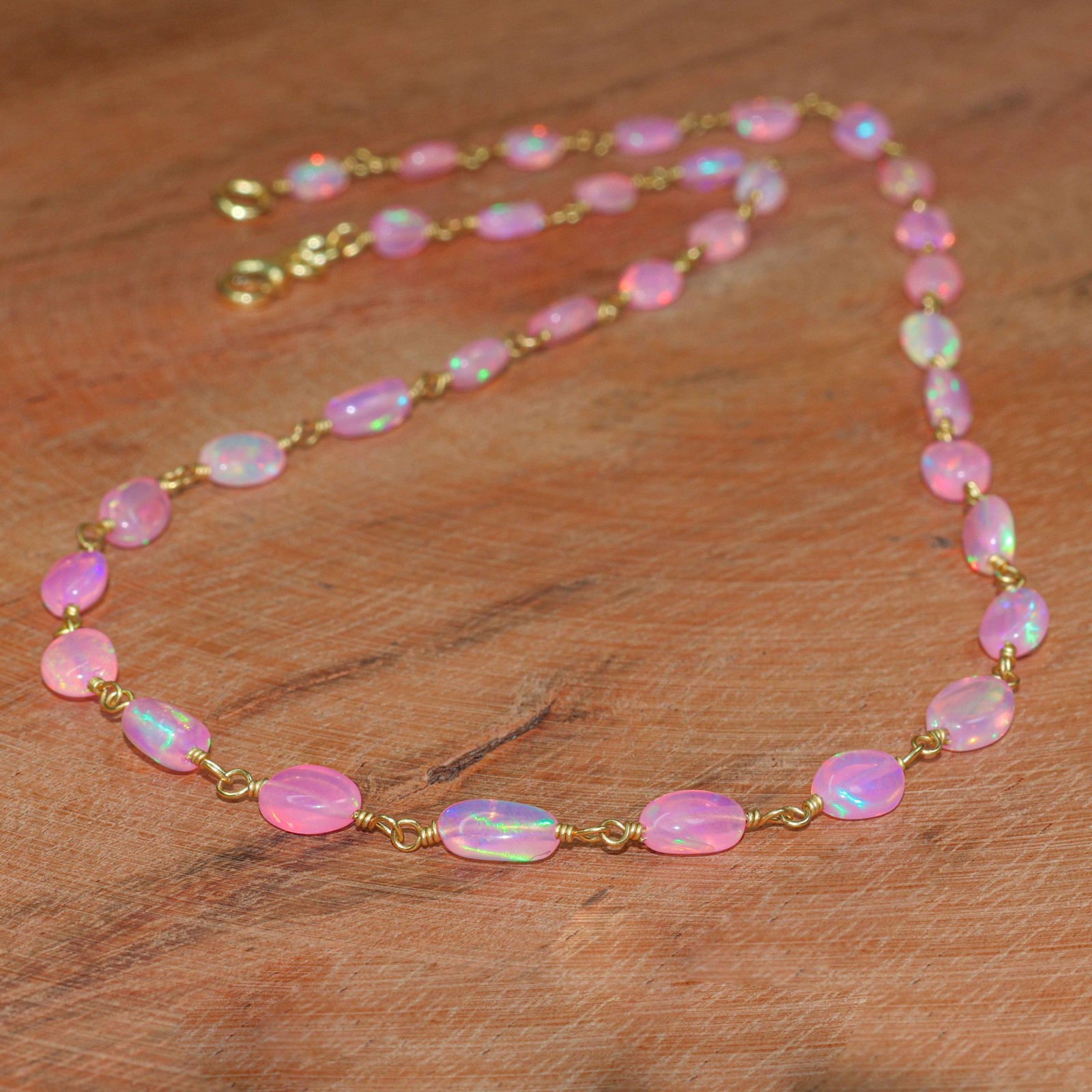 Genuine Pink Opal Tumble Beads Wire Wrap Necklace, Delicate Ethiopian Opal Beads