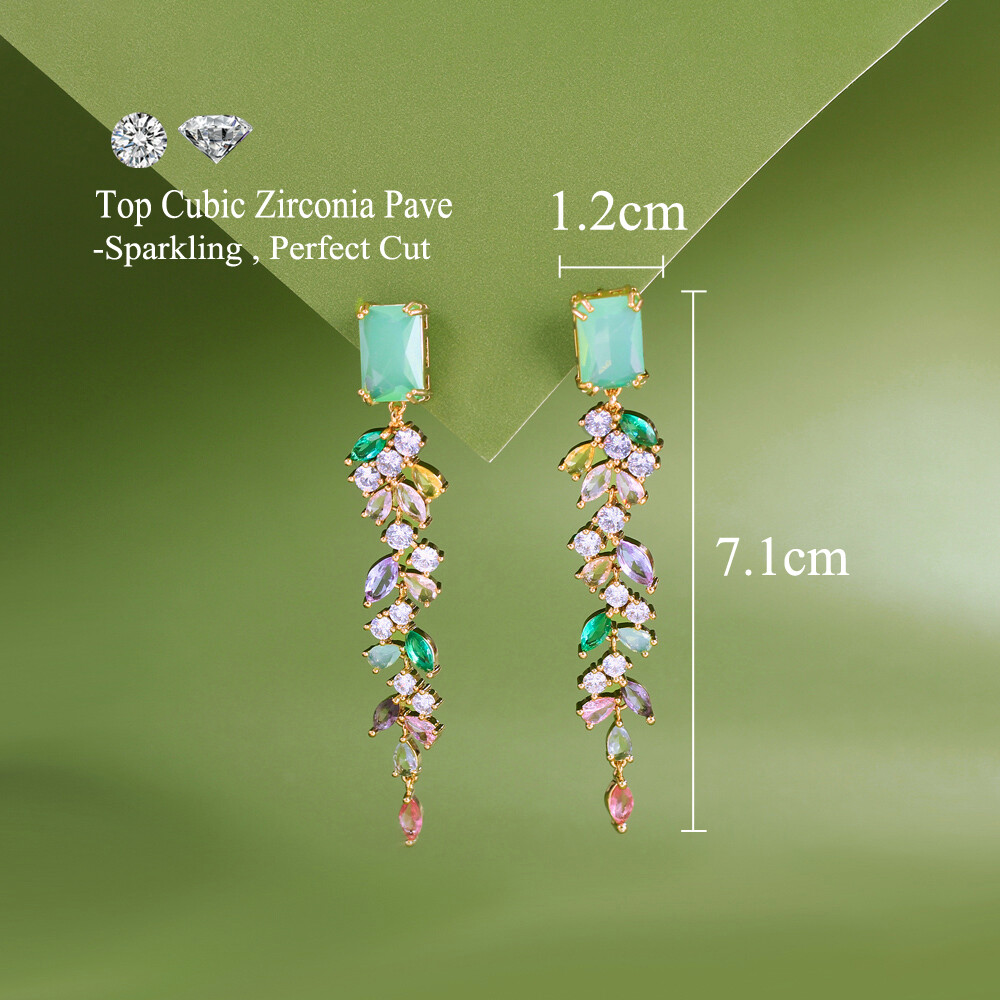 Green Baguette Gold Plated CZ Multicolor Long Leaf Drop Crystal Dangle Earrings