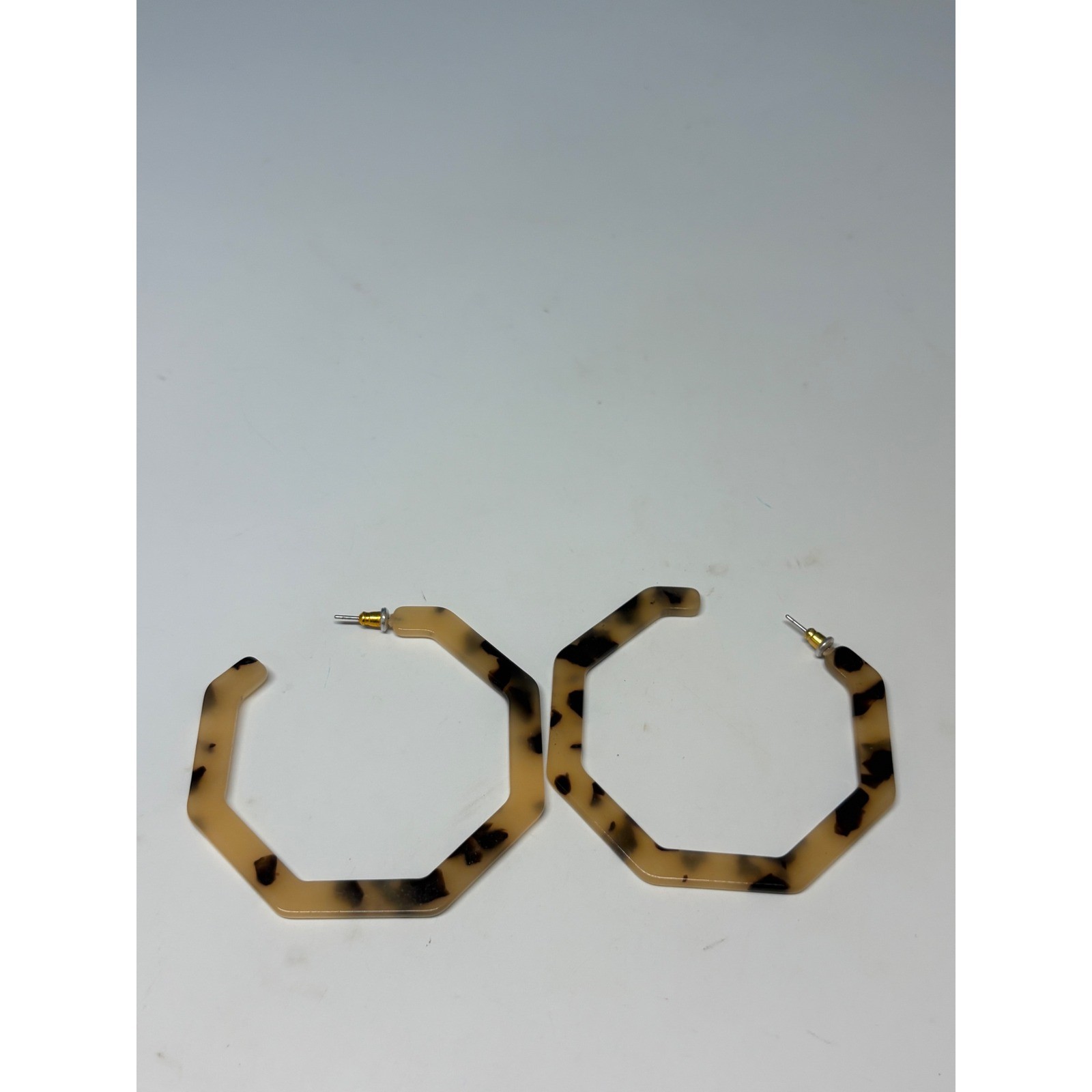 Tortoise Shell Acrylic Hexagon Hoop Earrings Brown Geometric Large Post Back