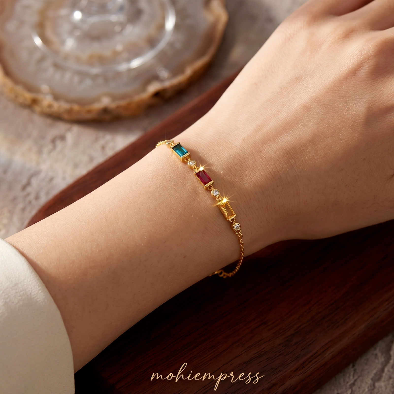 Personalized Baguette Birthstone Bracelet, Sterling Silver Gemstone Jewelry