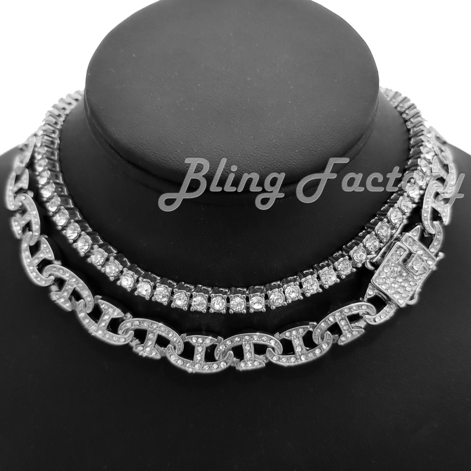 Hip Hop Silver PT Iced 18″ Mariner & 1 Row Tennis Choker Bling Chain Necklace