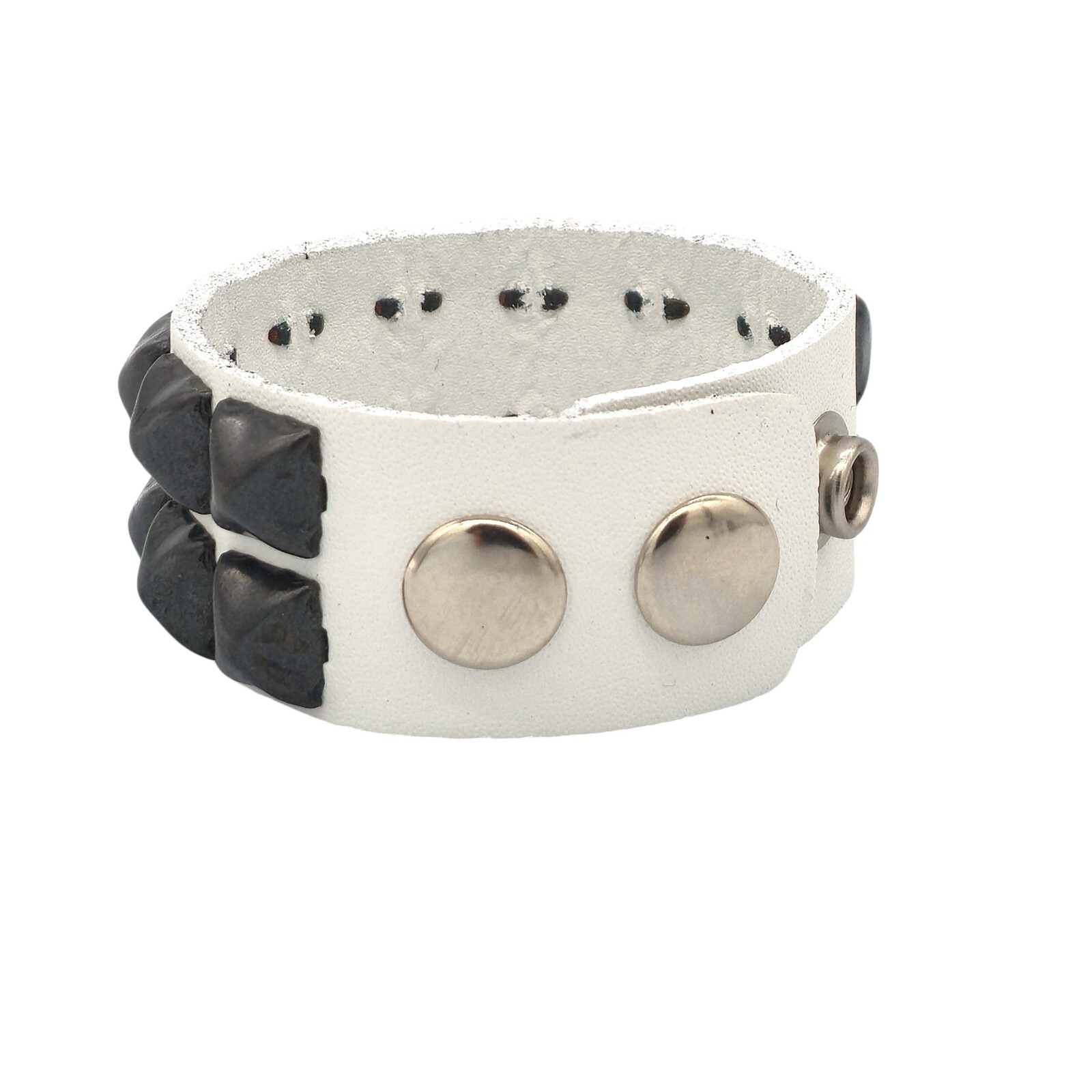 Genuine Leather Black Studded White Pyramid Stud Bracelet Punk Goth Wrist Cuff