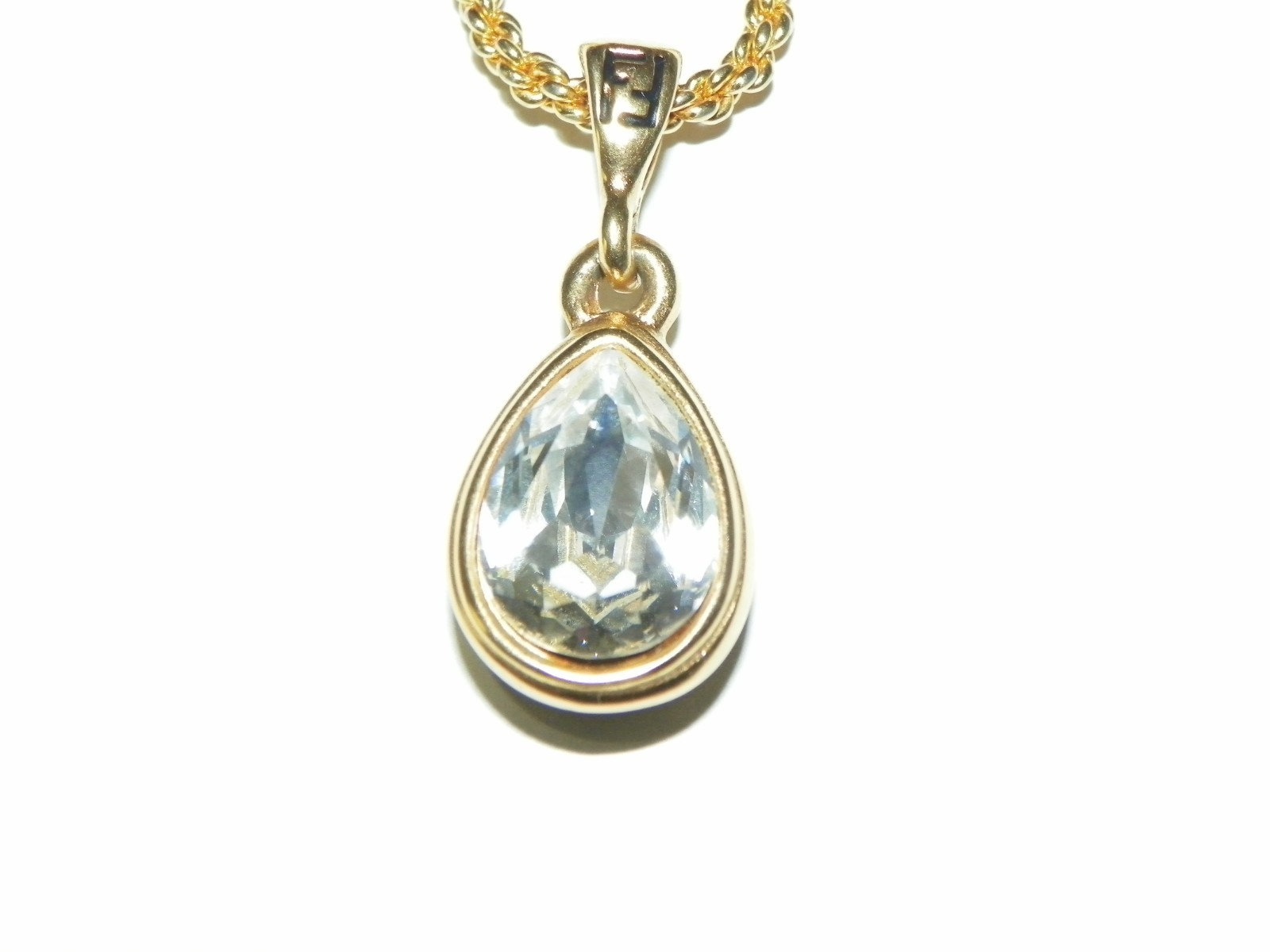 VTG Fendi Logo Teardrop double side Black Enamel/clear Crystal Pendant GoldTone