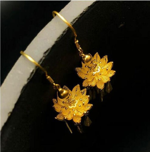ancient lotus fringe 22K 23K 24K THAI BAHT YELLOW GP GOLD Earrings