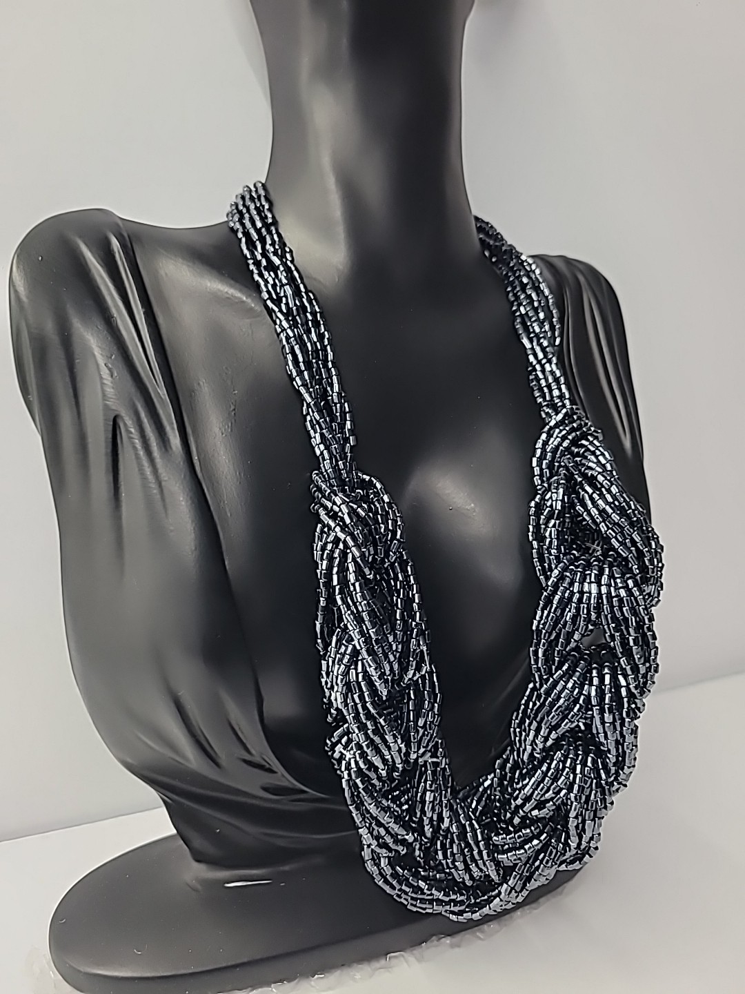 Multi Strand Seed Bead Necklace Twisted Navy Black Statement Jewelry