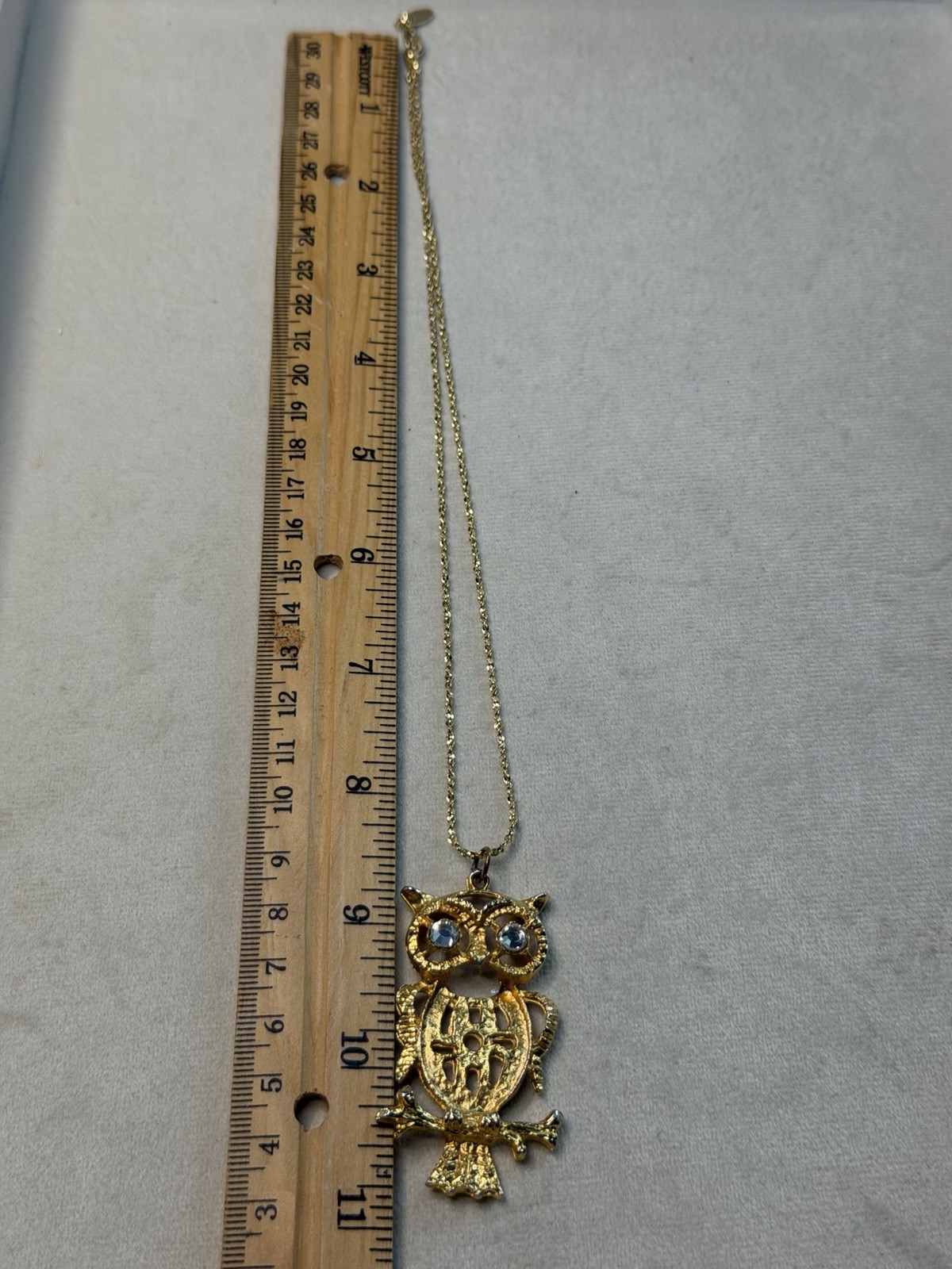 Gold Tone Owl Charm Pendant Necklace Blue Rhinestone Eyes 22in Adjustable