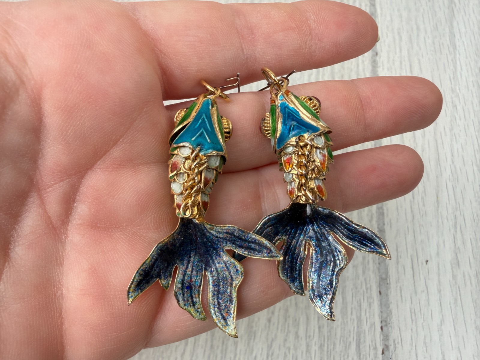 Cloisonne Guilloche Enamel Articulated Fish Green Blue Gold Red Eyes Earrings