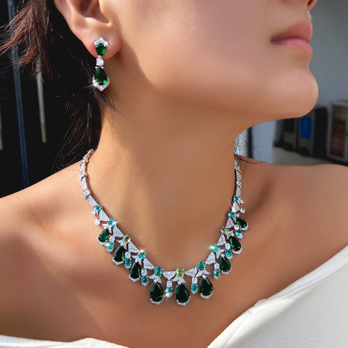 Green Teardrop Fringe Necklace Earrings Silver Plated Wedding Zircon Jewelry Set