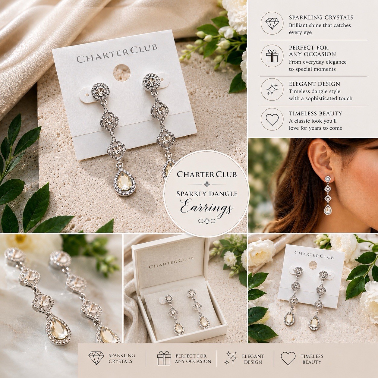 New Charter Club Sparkly Silver-Tone Teardrop Rhinestone Crystal Dangle Earrings