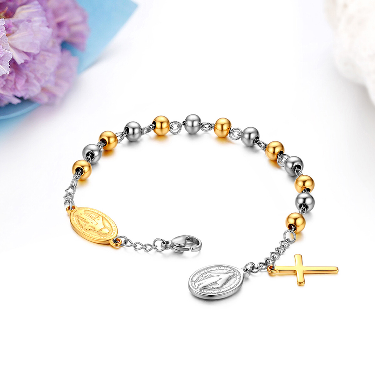 Women Men Unisex Stainless Steel Virgin Mary Cross Pendant Beaded Chain Bracelet