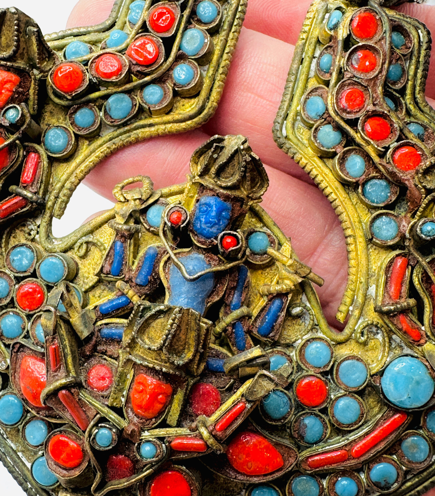 Antique Nepal Tibetan Brass Vishnu Prayer Necklace Coral Turquoise Glass EUC 24″
