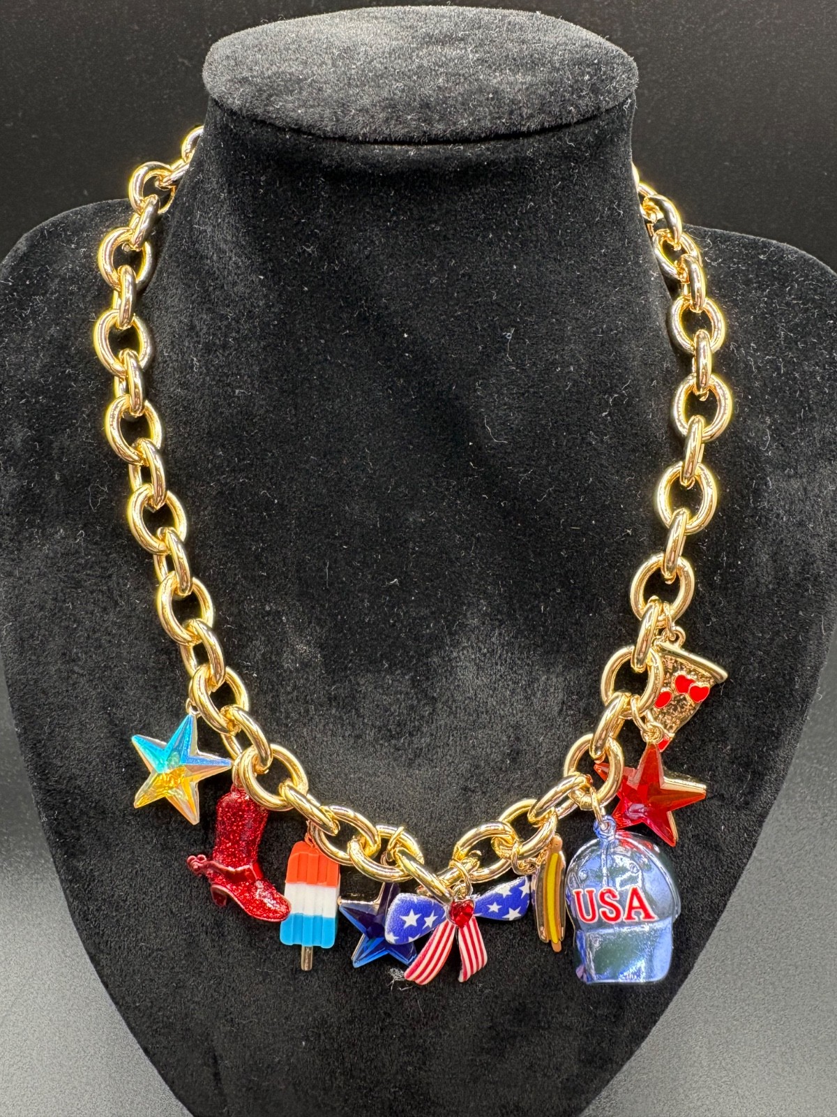 Betsy Johnson Gold Plated Americana Multi-Charm Necklace /New