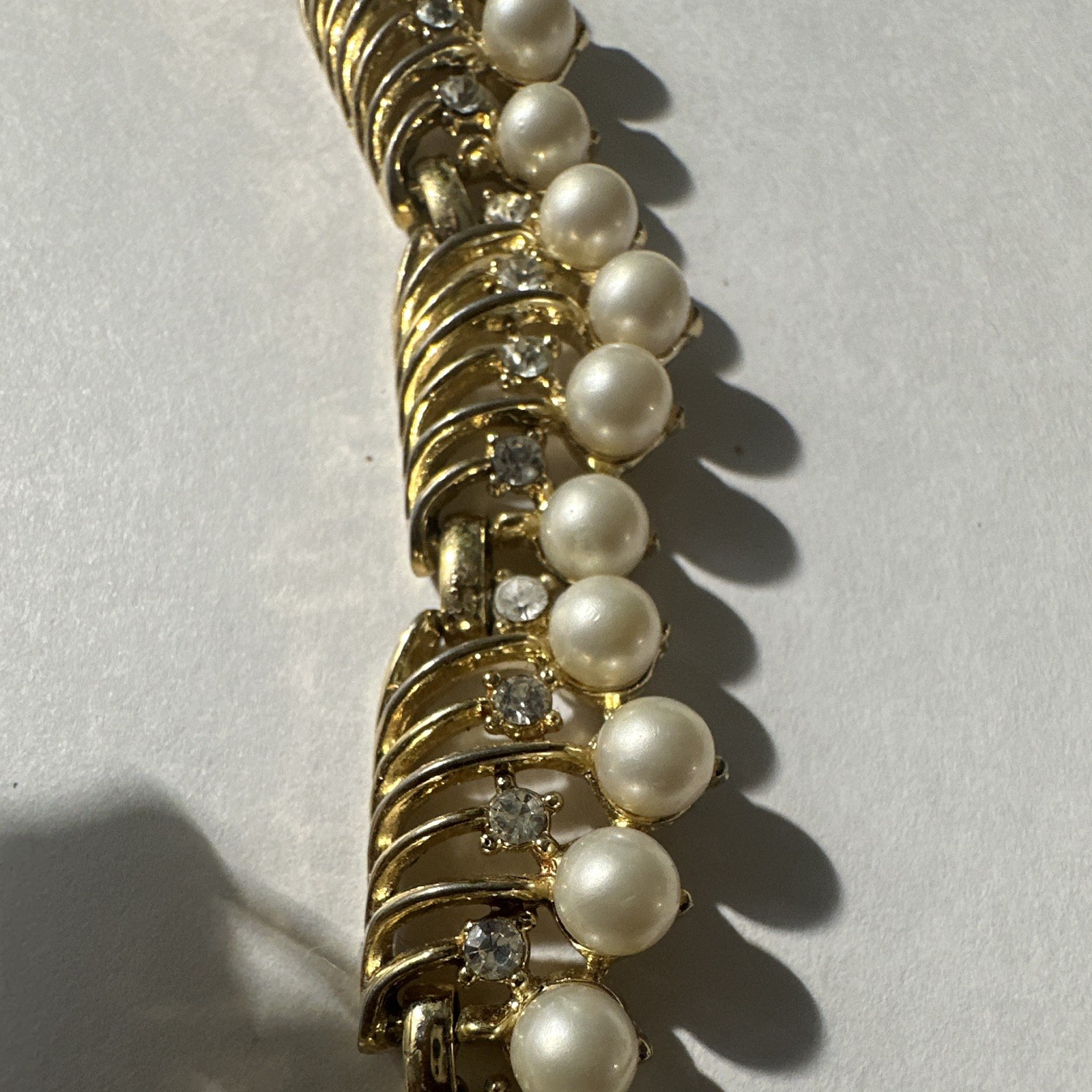 Trifari Gold Tone Imitation Pearl Rhinestone Choker Necklace, Signed