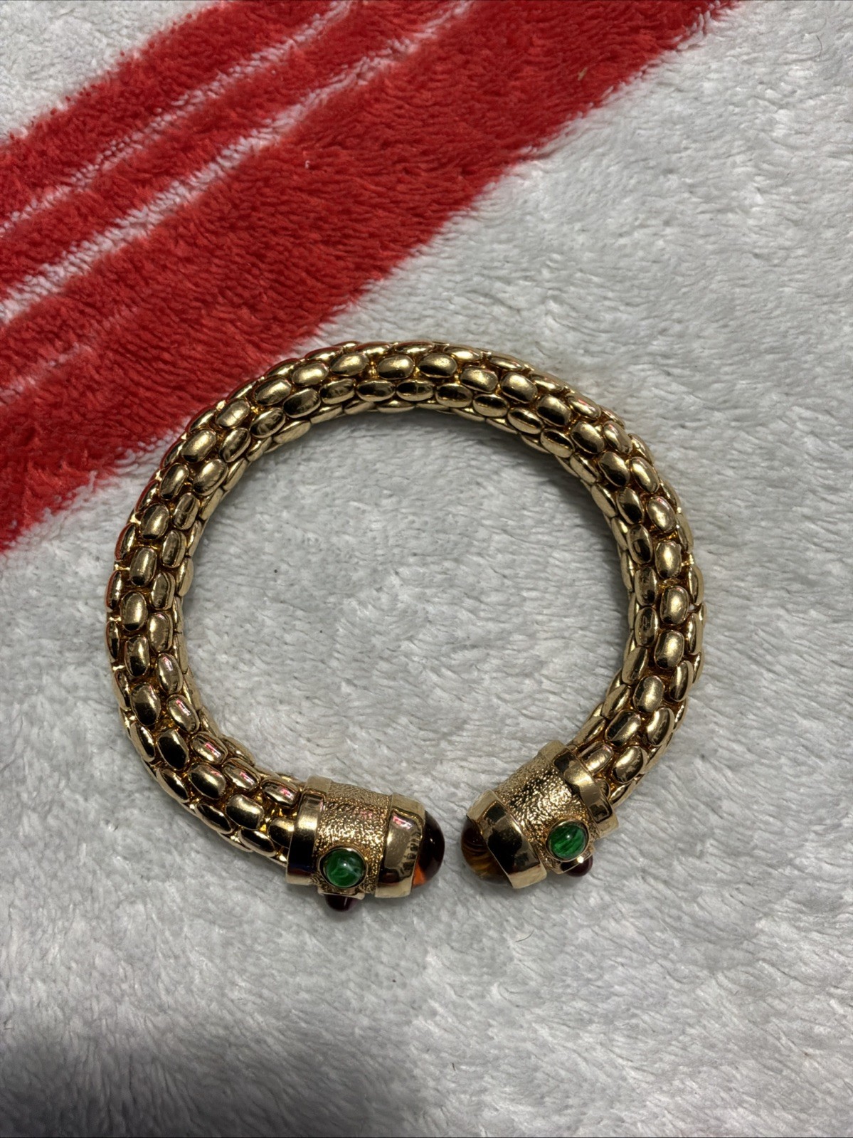 Vintage Runway Gold Tone Red Blue Green Glass Snake Skin Open Cuff Bracelet