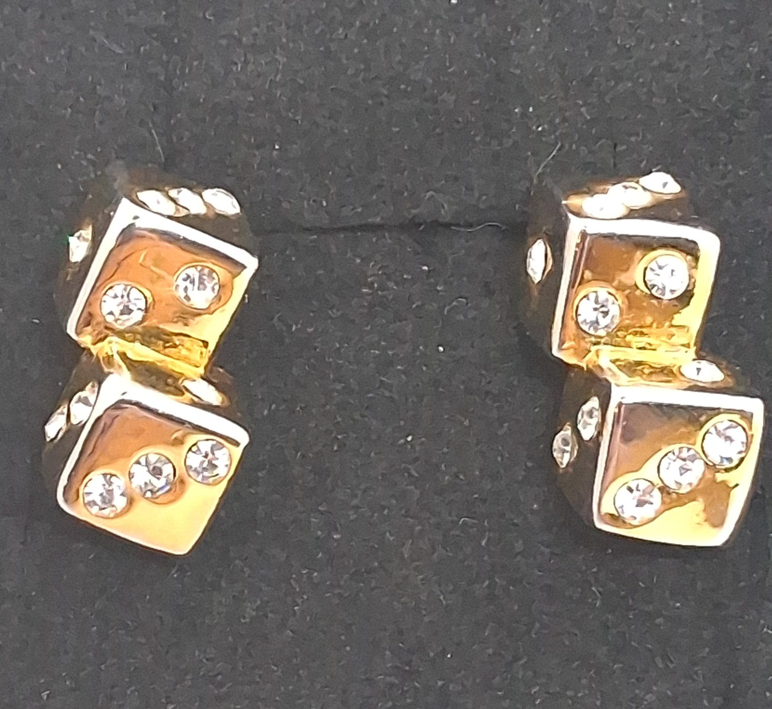 Vintage Gold Tone and Rhinestone Double Dice Post Pierced Earrings