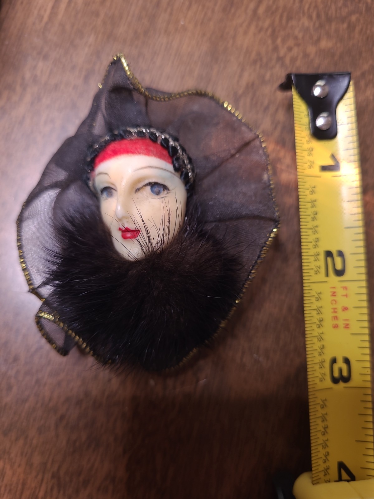 Vintage Lady Face Brooch Black Tulle Veil Faux Fur Hand Painted Mask