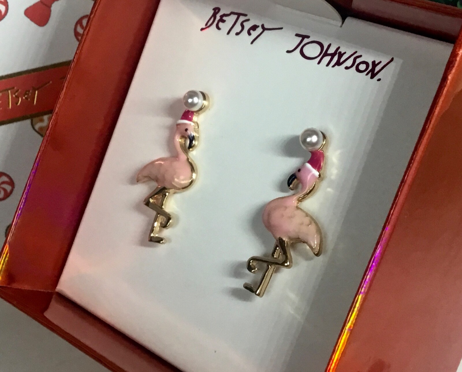 Betsey Johnson Signed Christmas Flamingo in Santa Hat Post Earrings NIB