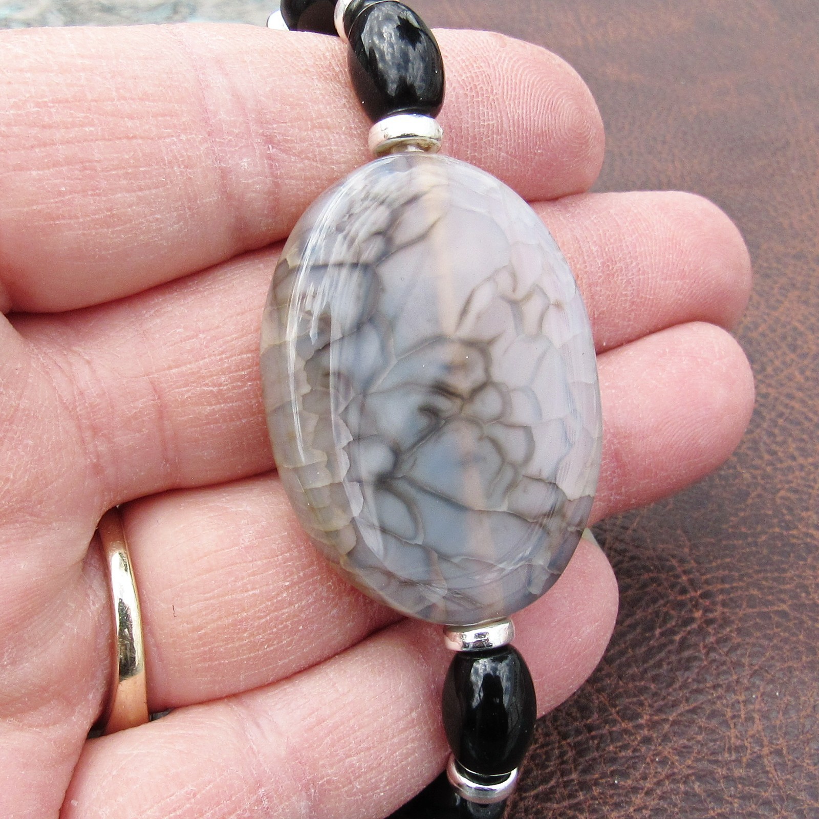 Black Fire Crackle Agate, Black Obsidian Stone Stretchy Bracelet 6 inches