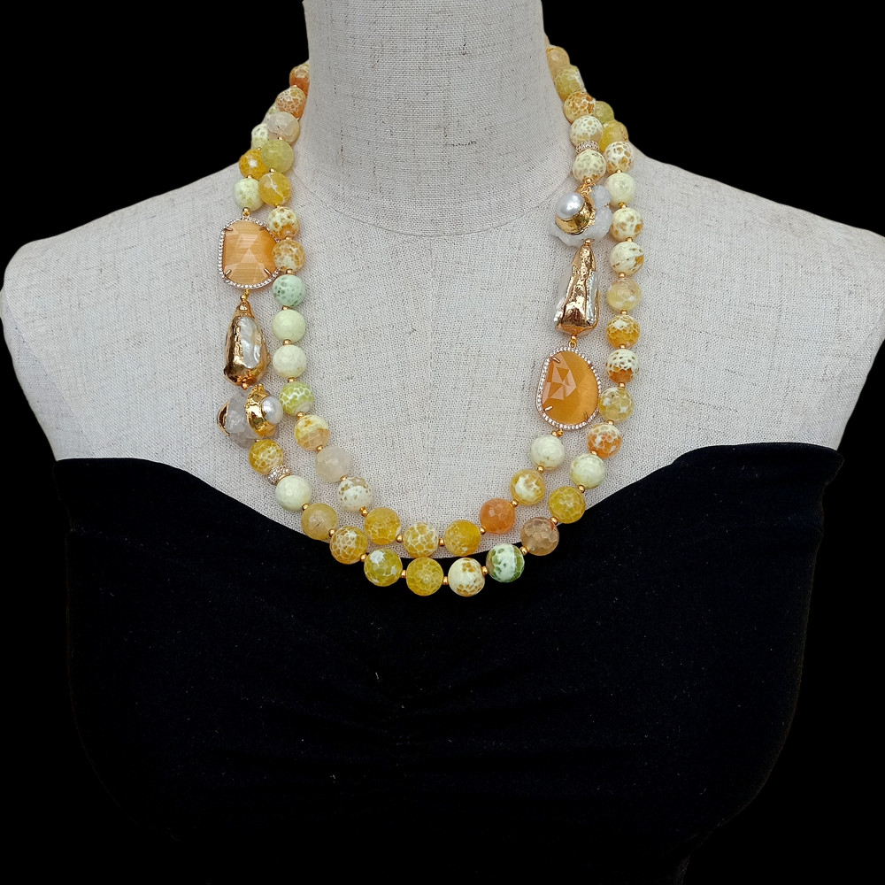 2 Rows Yellow Faceted yellow Agate Druzy White Biwa Pearl Crystal Necklace