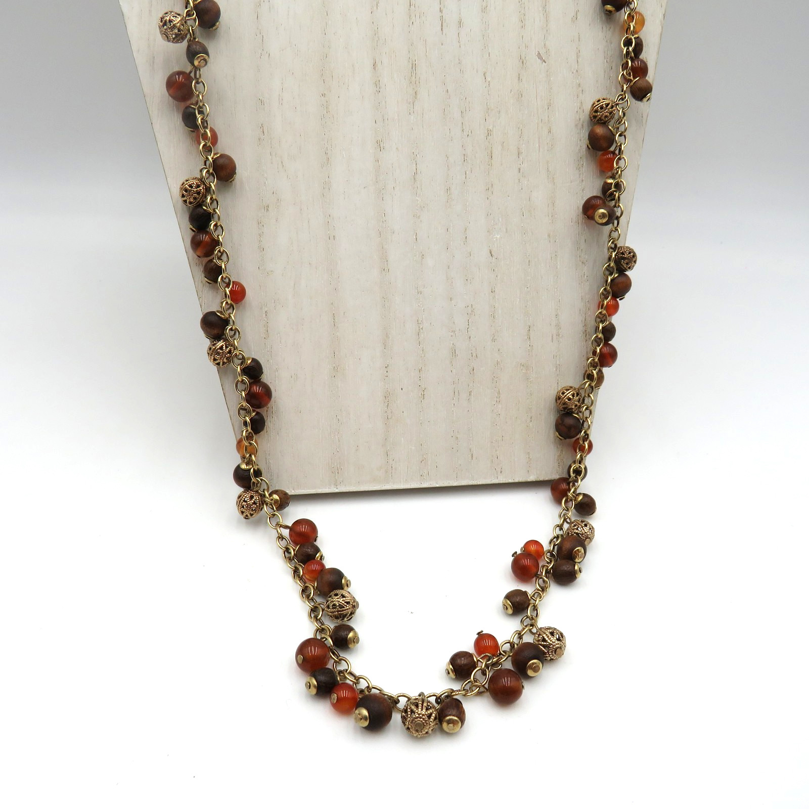 Vintage Beaded Necklace Bracelet Set Filigree Toggle Clasp 32″ Boho Jewelry