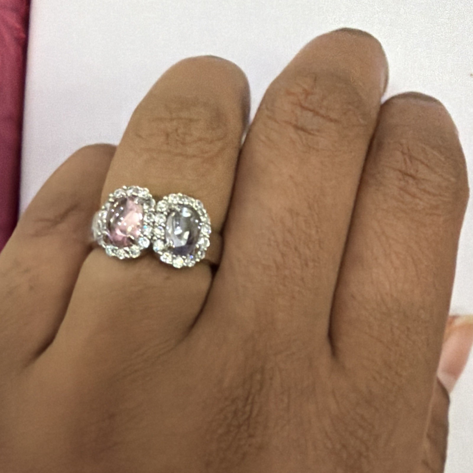 Silver Metal Cocktail Ring Double Oval Pink Purple lab Stones Halo Rhinestone