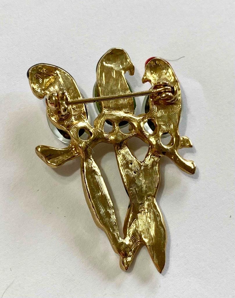Cute Gold Tone 3 Parrots Red, Green, Blue Enamel & Rhinestone Deco Pin Brooch #2