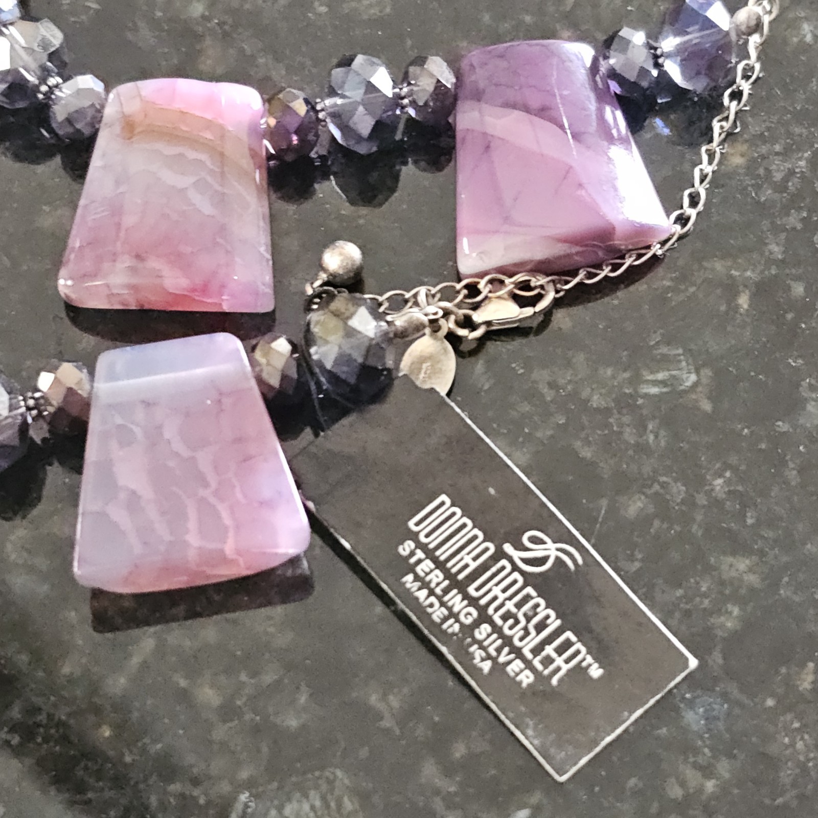 Donna Dressler Statement Necklace Sterling Silver 925 Pink Agate Stone Heavy 21″
