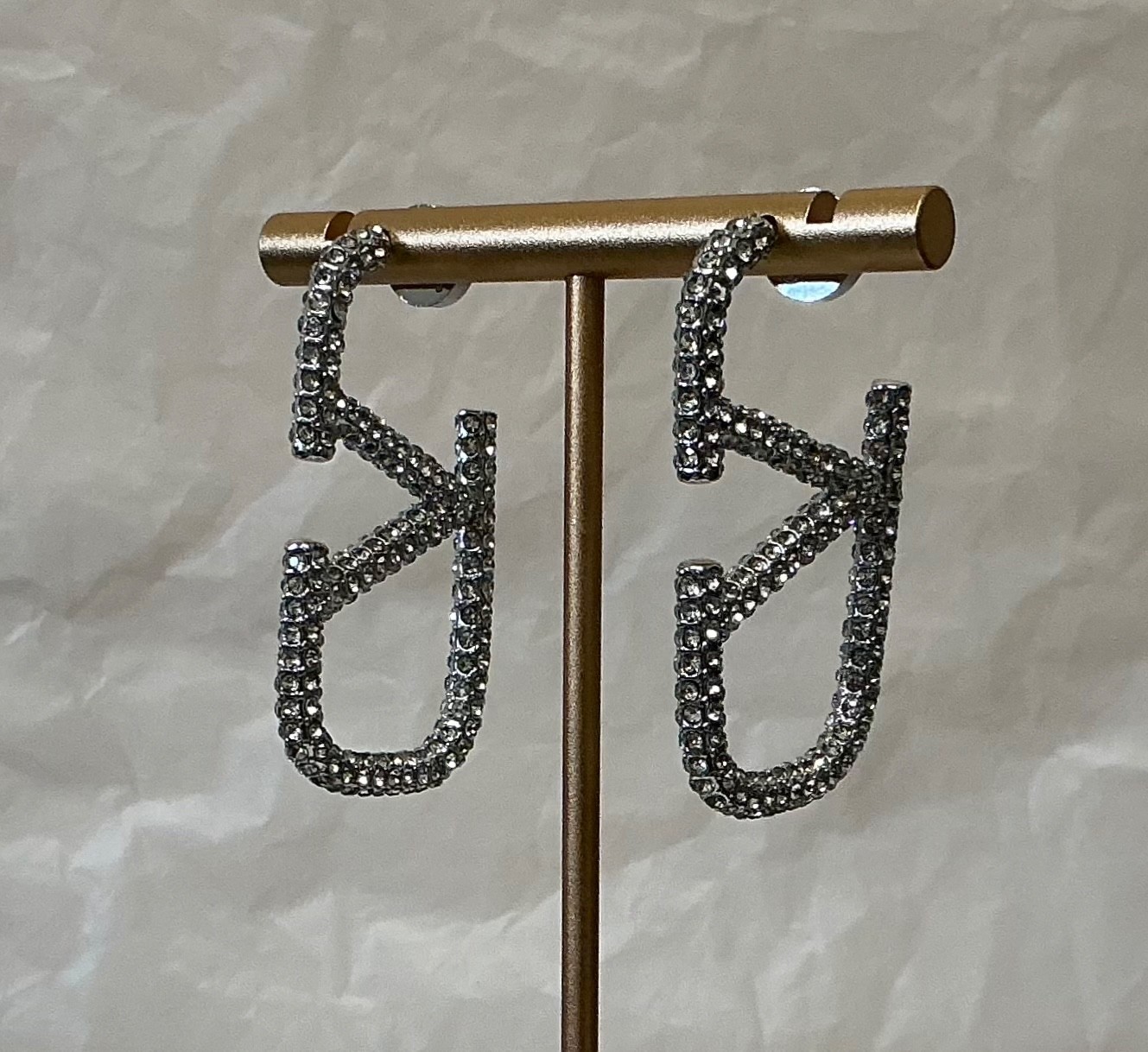 Valentino Crystal VLogo Silver Tone Statement Earrings # 582
