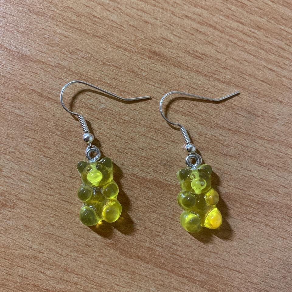 Gummy bear earrings with silver plated hoops or hooks red blue pink white black