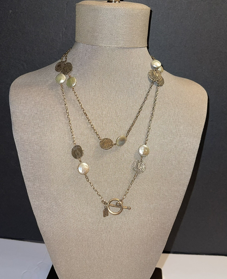 Tat 2 925 Sterling Silver Chain Coin Pearl Necklace Togo 26.3 gr