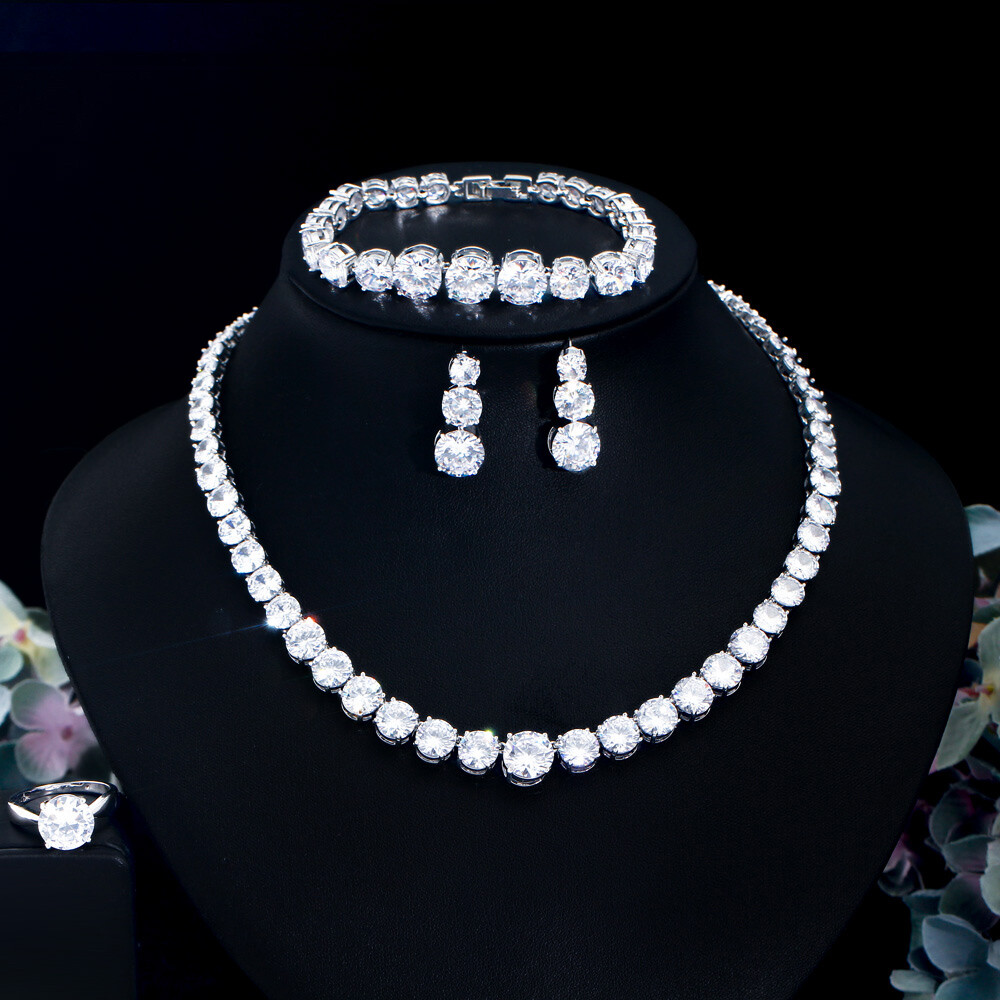 Silver Plated CZ Yellow Big Round Wedding Jewelry Necklace Earrings Bracelet Set
