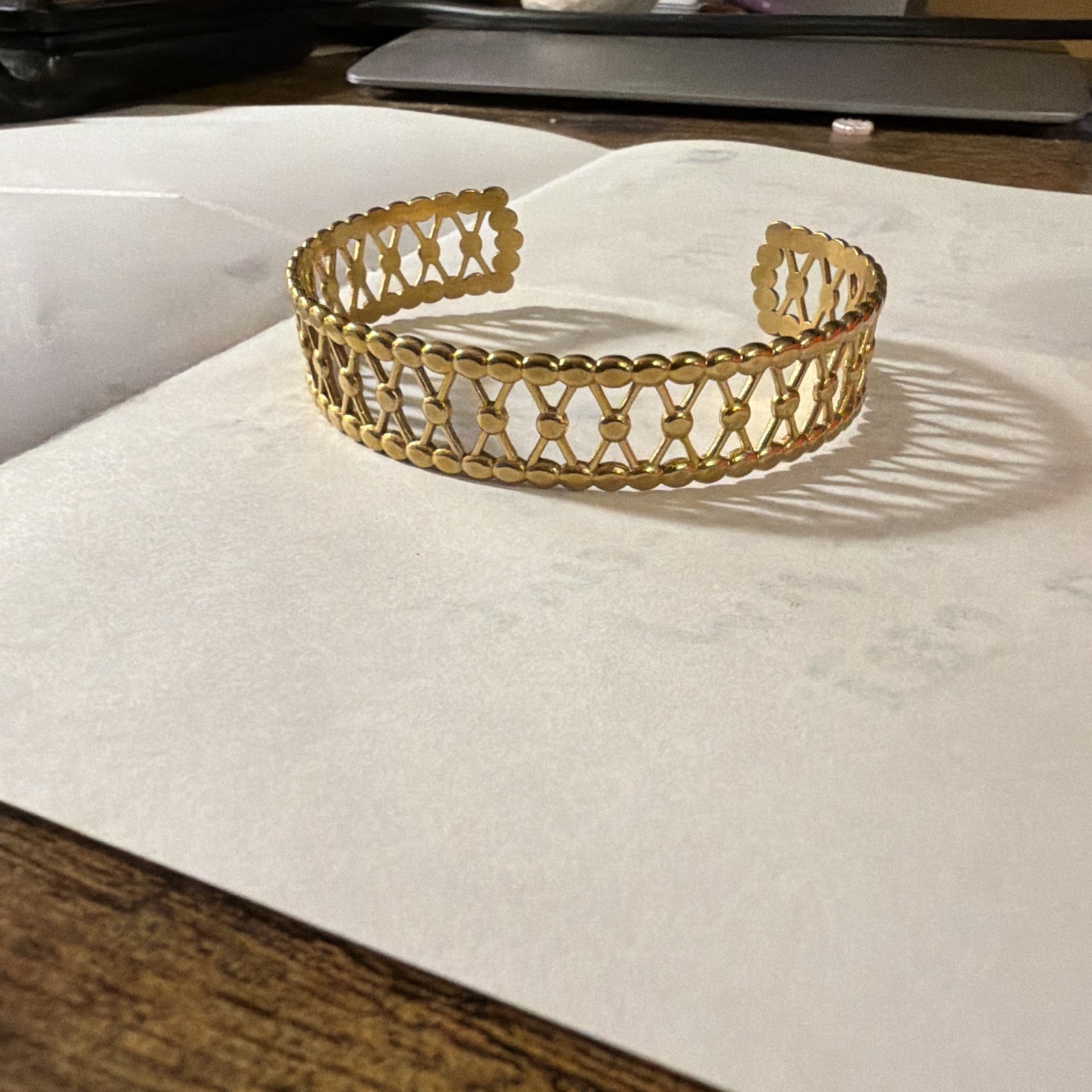 Gold Tone Lattice Link Cuff Bracelet, Adjustable Open Metal, No Stone