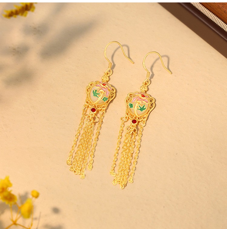 Chinese Style Enamel Tassel Dangle Earrings Vintage Floral Jewelry