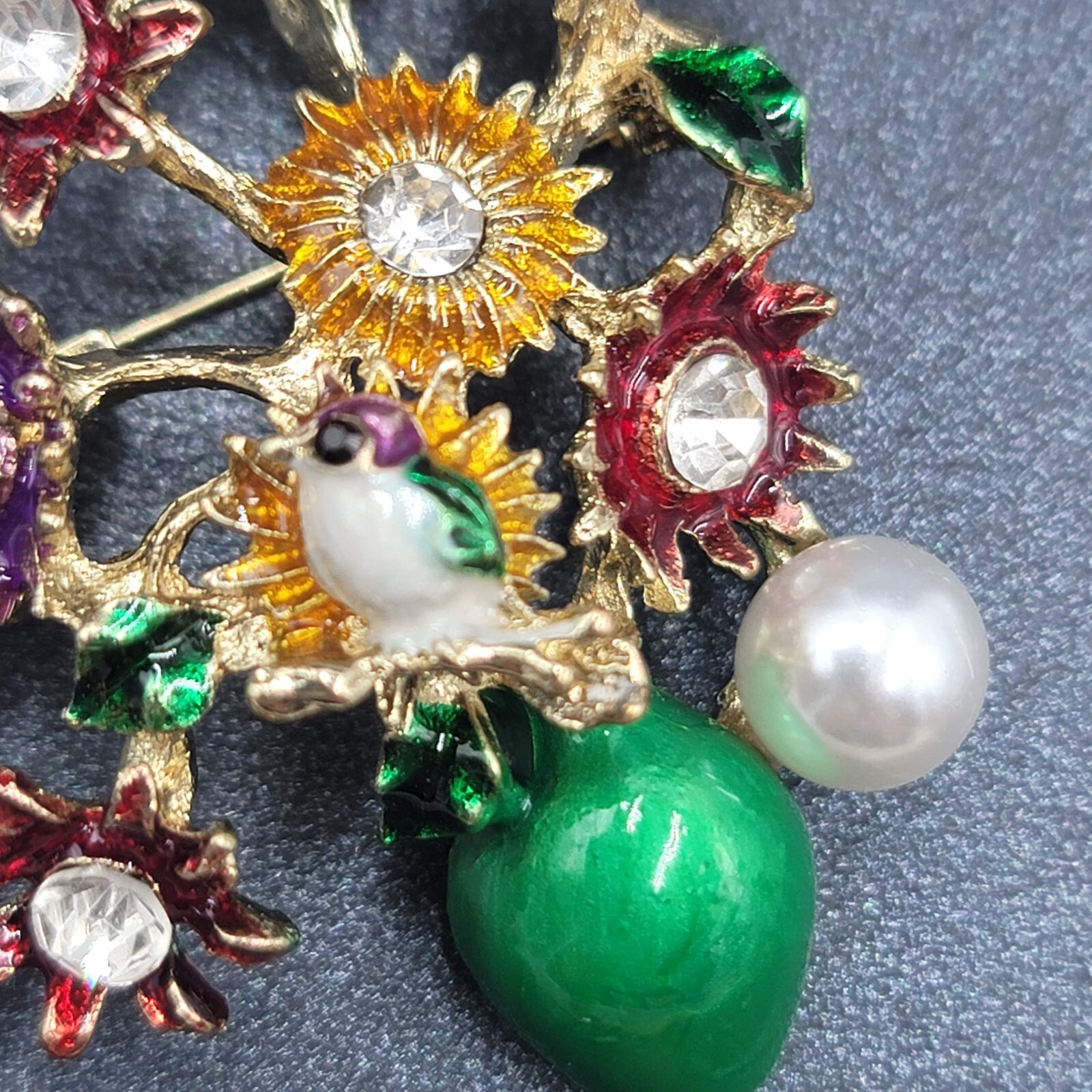 Crystal Rhinestone Flower Bouquet Brooch Pendant Green Enamel Multicolor 2.25″