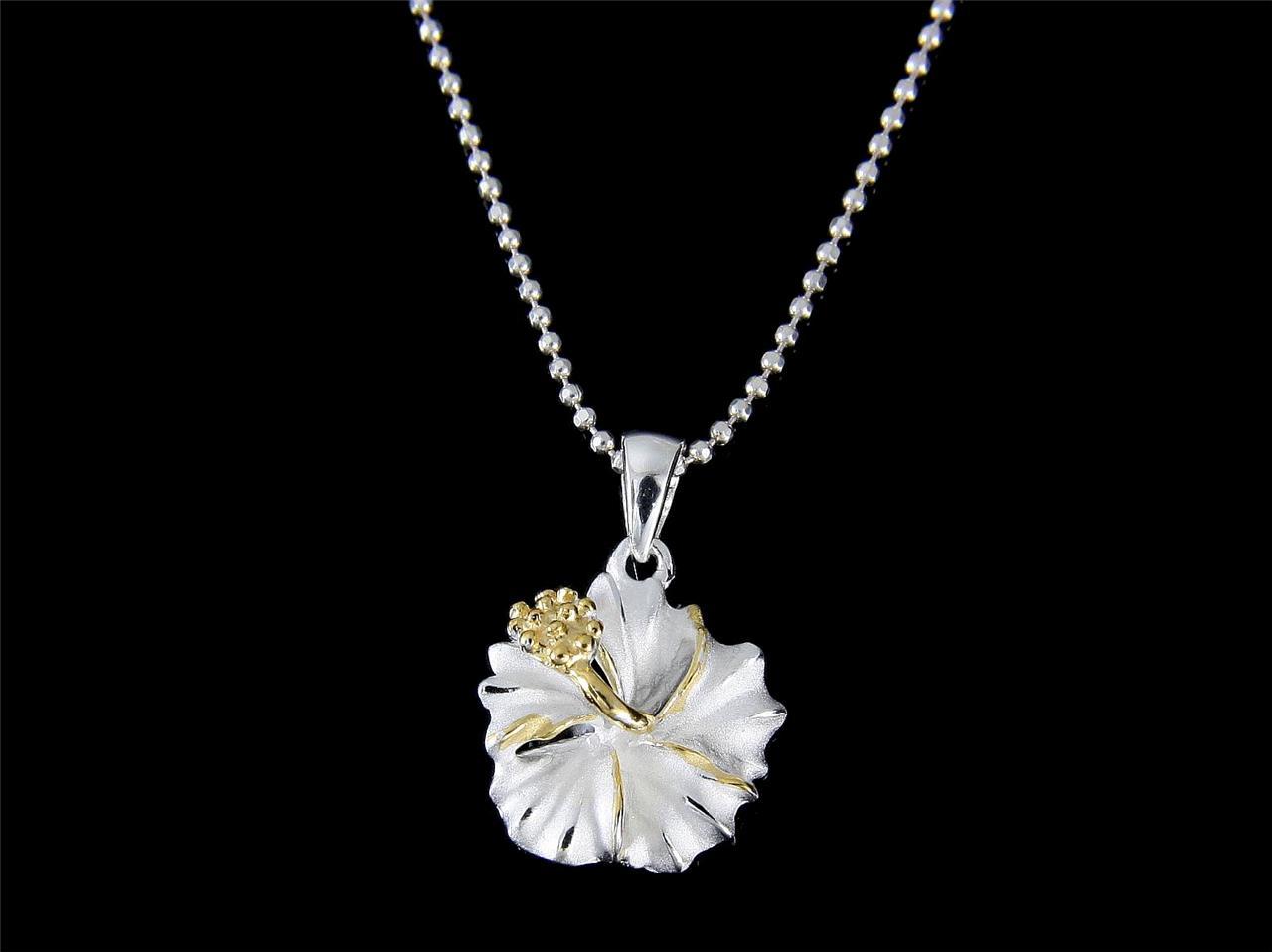 YELLOW GOLD PLATED 2TONE SILVER 925 HAWAIIAN HIBISCUS FLOWER PENDANT 12MM – 25MM