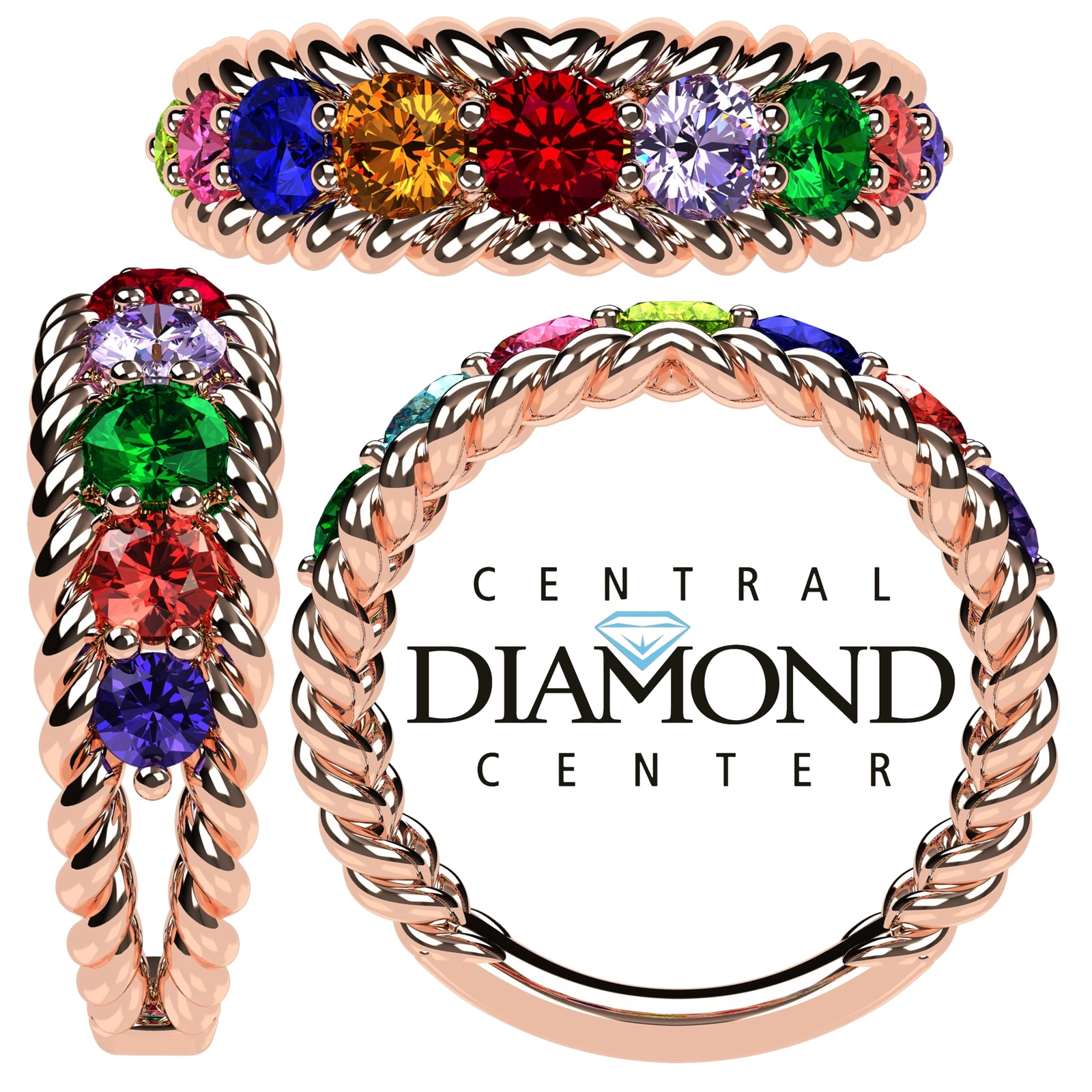 Rope Mothers Ring with 1-10 Simulated Birthstone, Sterling Silver, 10K &14K Gold