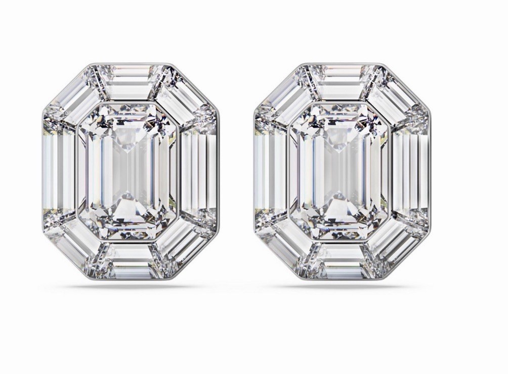 Swarovski Octagon Cut White Aluminum Metal Lucent Clip-On Earrings