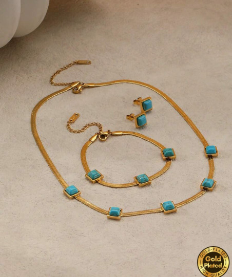 Natural Turquoise Necklace Bracelet Earring Set 18K Gold Plated Stainless Steel