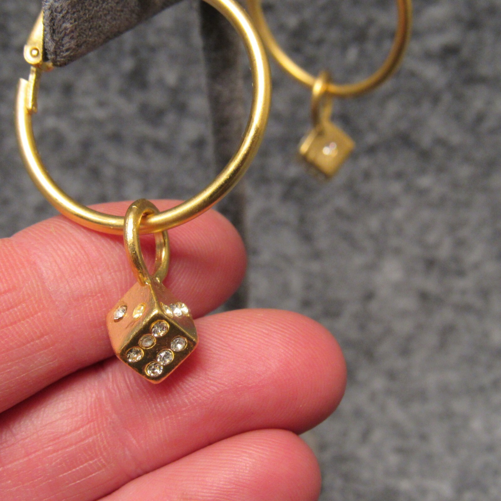 Satin Gold Finish Hoop Earrings w/ 6 Sided Lucky Dice Rhinestone Charm NEW