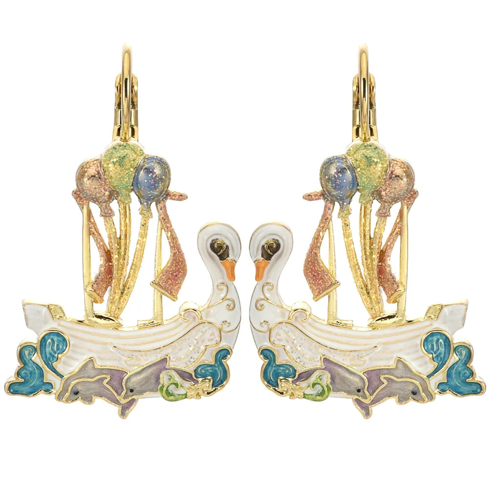 Kirks Folly Enchanted Swan Boat Ship of Dreams & Dolphins Leverback Earrings GT