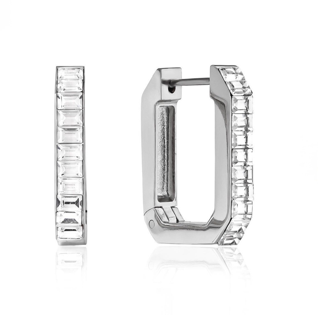 Stainless Steel Rectangle Huggie Hoop Earring Channel Set CZ Silver Gold