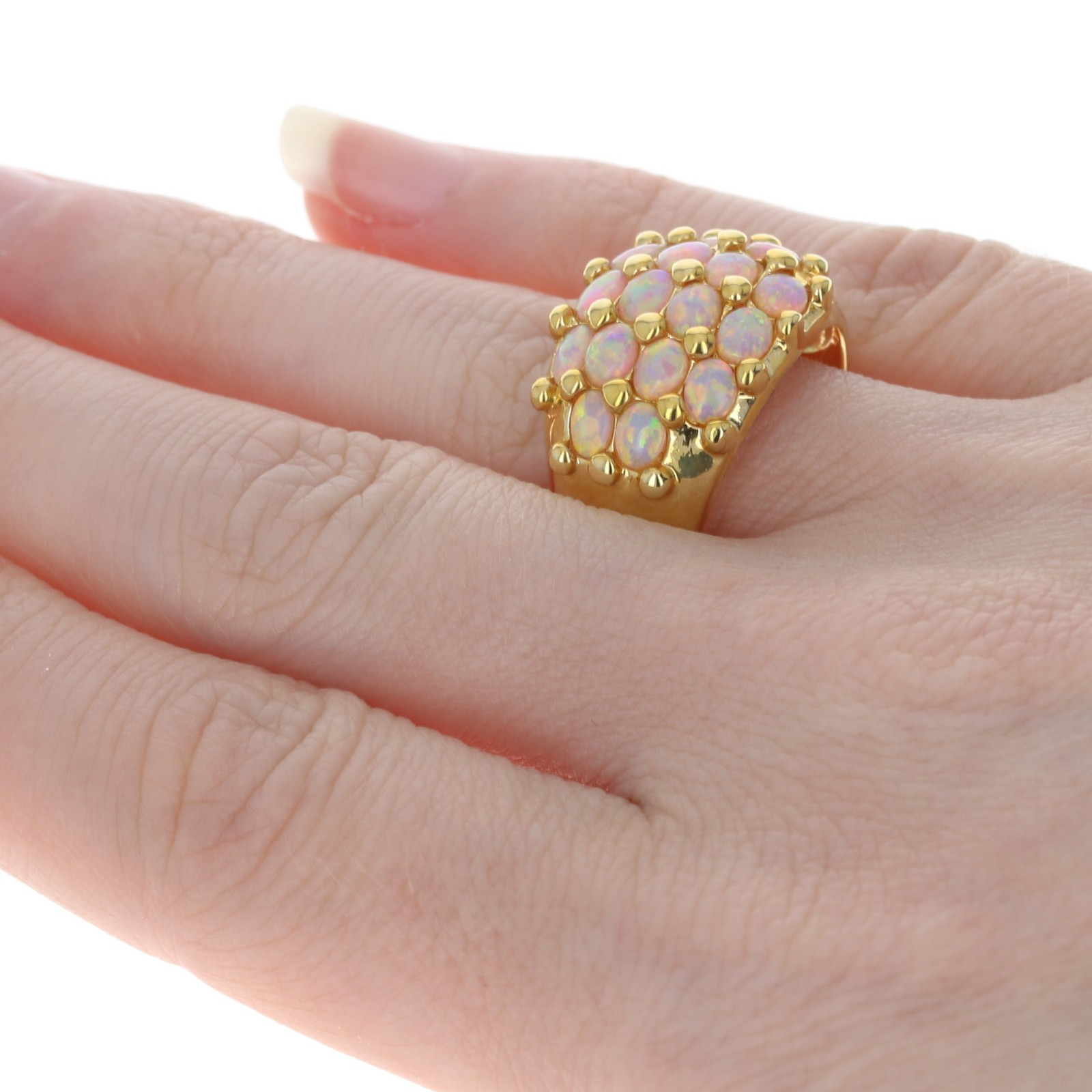 Sterling Synthetic Opal Cluster Cocktail Ring 925 Gold Plated Oval 2.40ctw 9 1/4