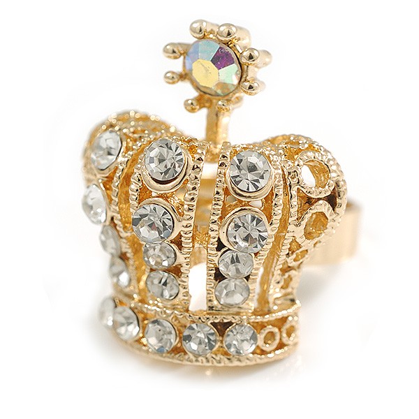 Clear Crystal Crown Cocktail Ring in Gold Tone – 30mm Tall – Size 7/8 Adjustable