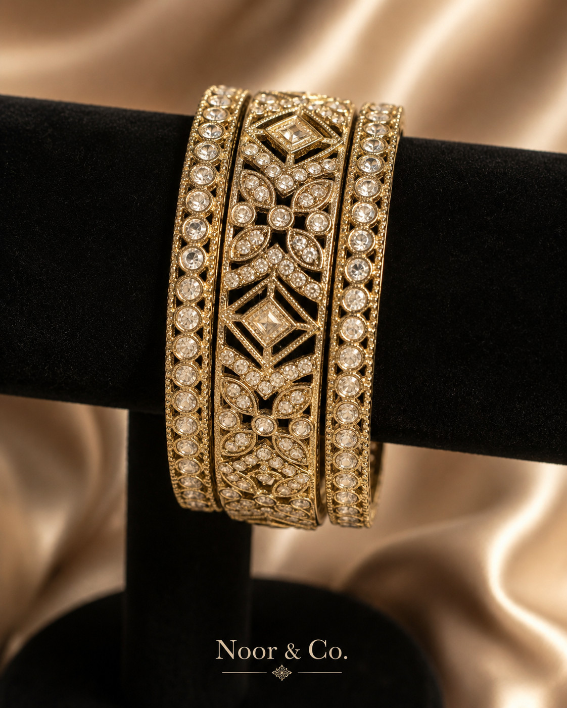 Gold Vintage CZ Bangle Set | 3-Piece Crystal Bridal Bangles | Pakistani Indian