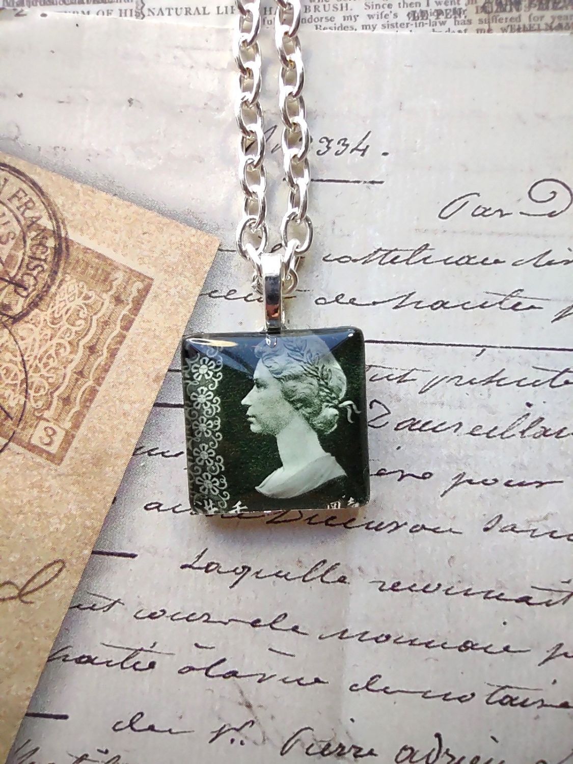 Handmade Authentic Postmarked Queen Elizabeth Postage Stamp Glass Tile Necklace