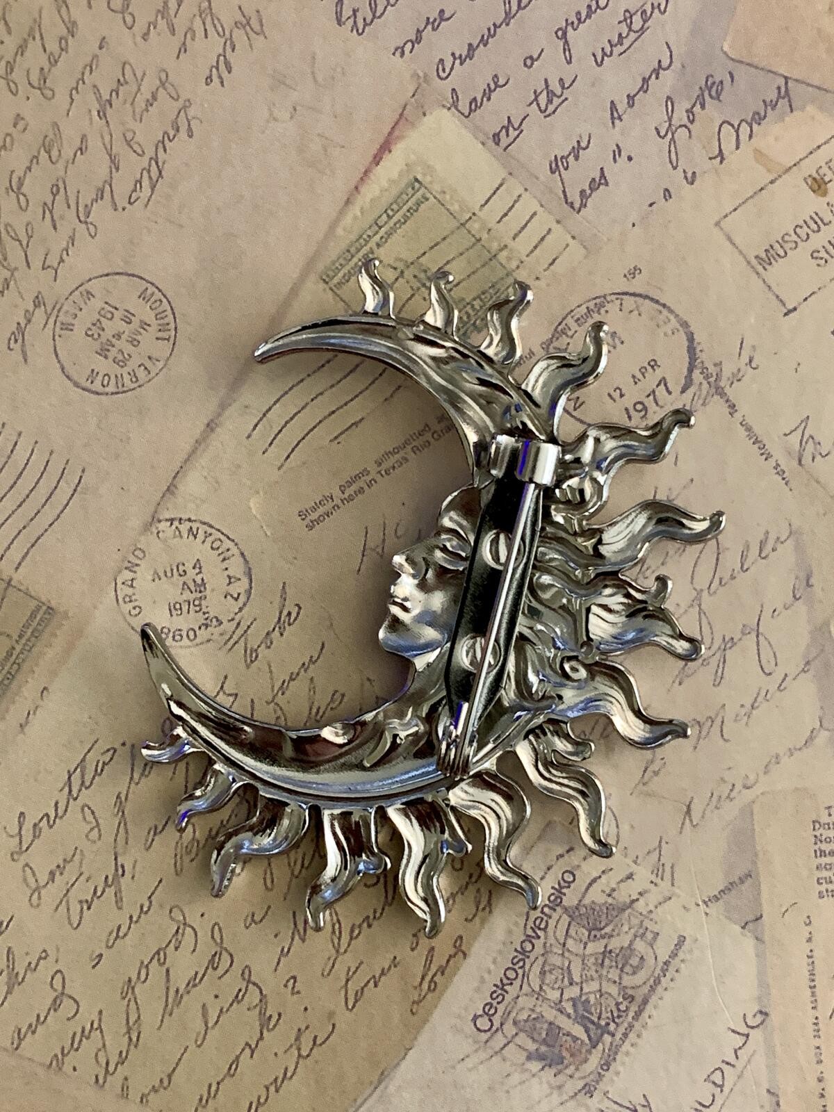 Silver Metallic Celestial Sun Rays Crescent Moon Face Brooch
