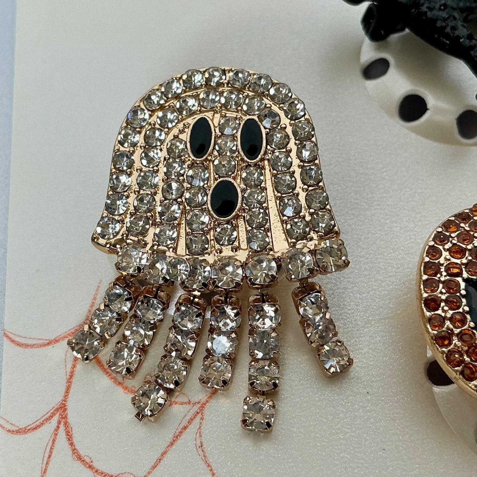 Halloween Rhinestone Pin Trio Black Cat Pumpkin Ghost Bijoux Bar NEW ON CARD