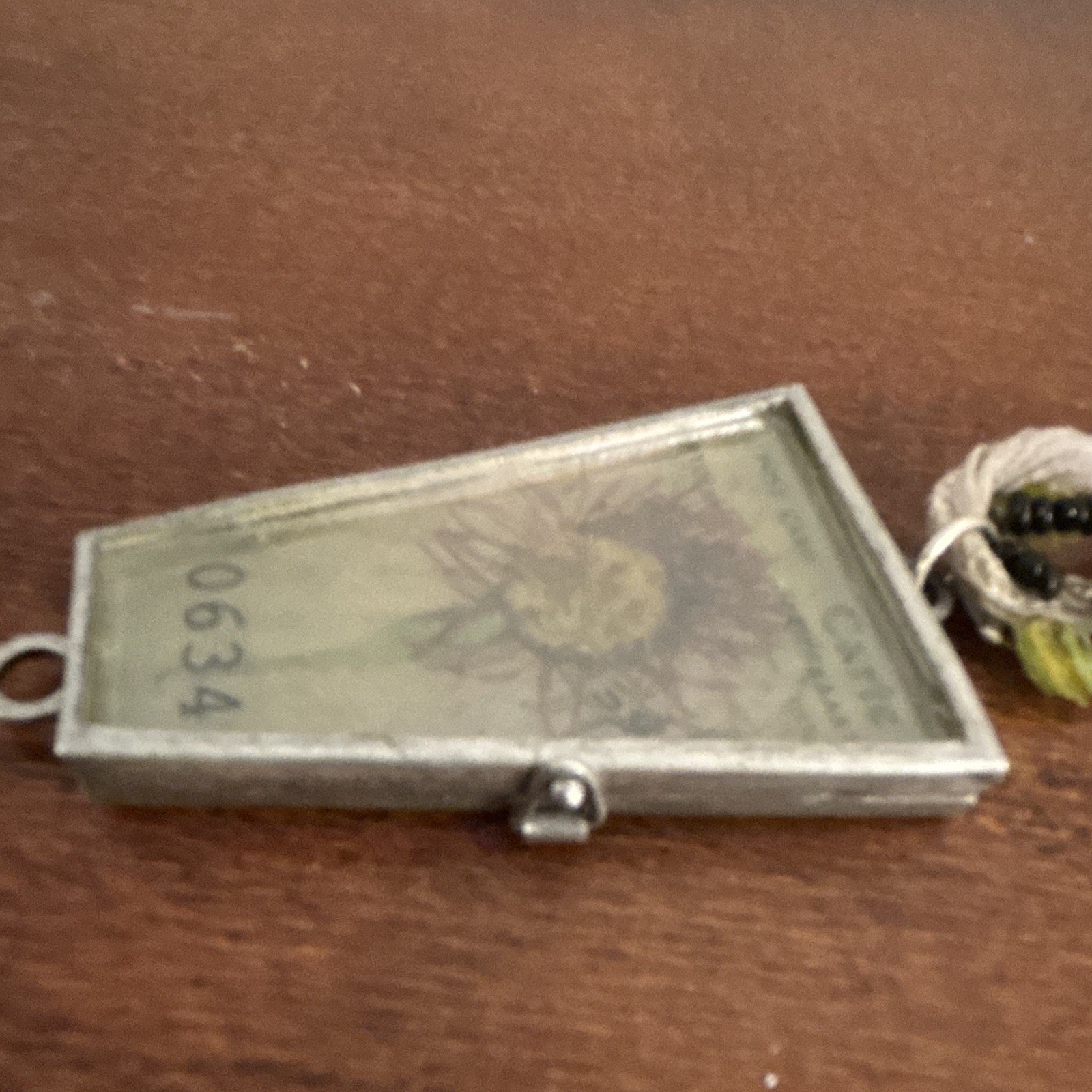 Trapezoid Locket Pendant Necklace Rope Fabric Cord w/ Green Beads Carte Charm