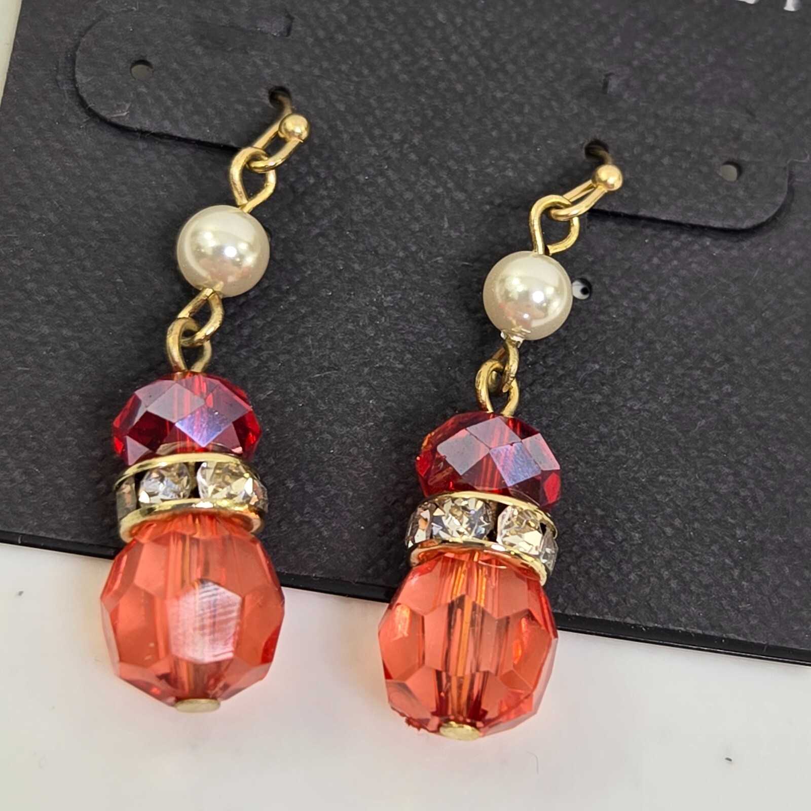 White House Black Market Earrings Drop Coral Pink Beaded Dangle Rhinestone AB